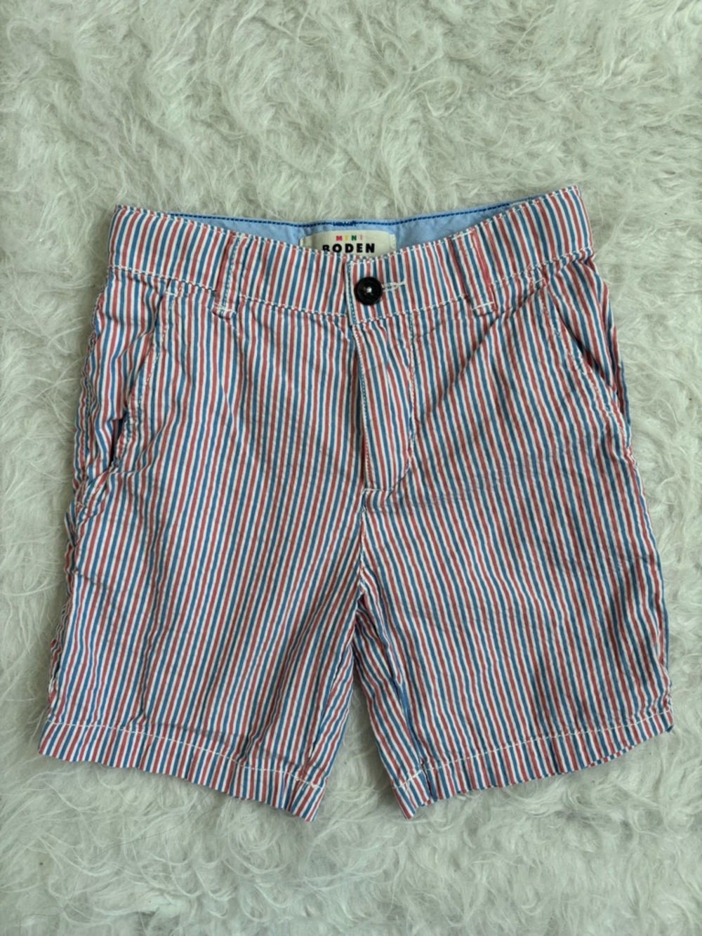 Mini Boden Festive Red, Blue & White Classic Striped Boys Shorts